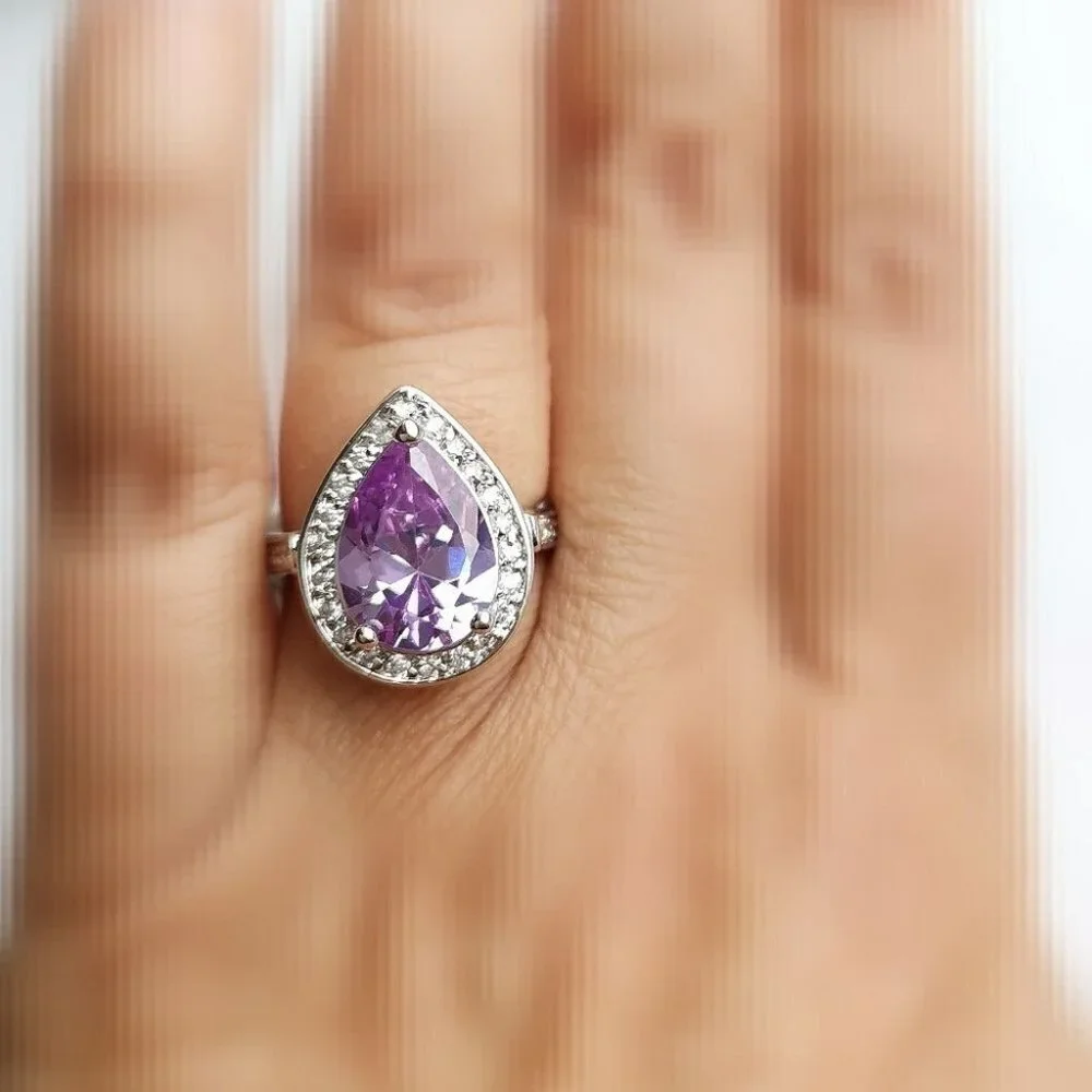 6ct teardrop pear cut lavender Amethyst cz halo cz ring size 8 🆕